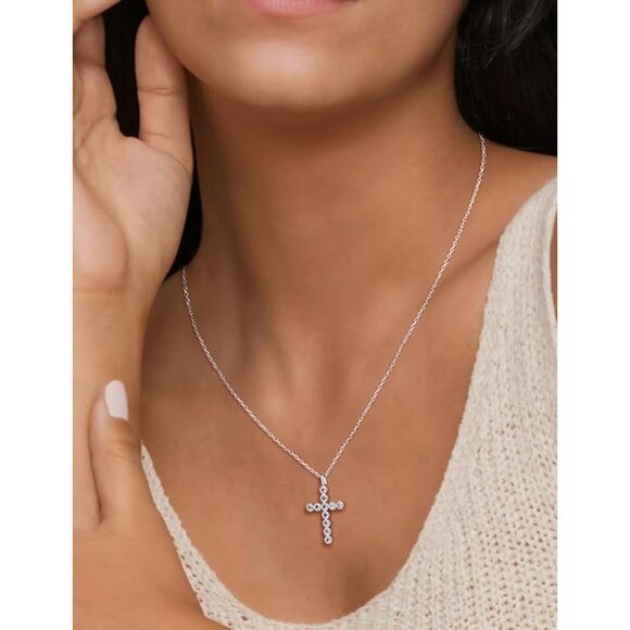 Sterling Silver Created Aquamarine Cross Necklace March Birthstone 18"+2" NWT - Picture 3 of 10